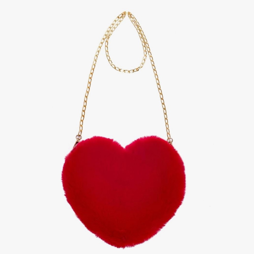 Valentine’s Day Plush Heart Shaped Purse Fluffy Faux Fur Cross body chain girls